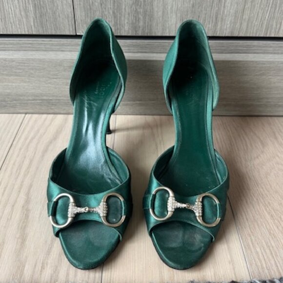 Gucci Silk Satin Green Mules- Size 37.5 - Picture 1 of 8